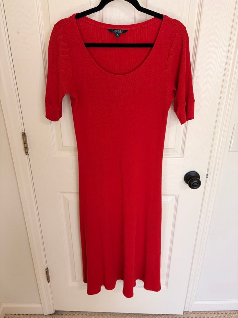 Lauren Ralph Lauren Red Ribbed Cotton Midi Dress size M